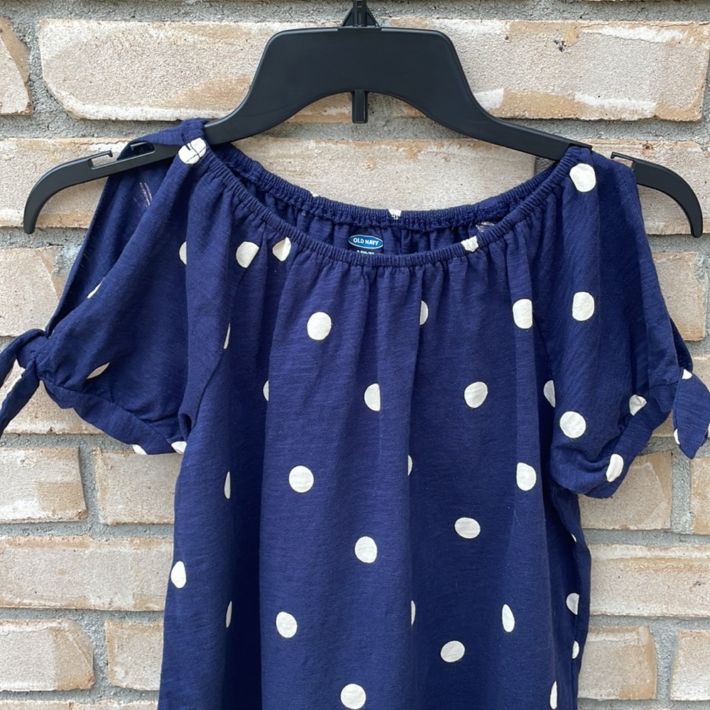 Old Navy Girls Short Sleeve Cold Shoulder Tie Shirt Blouse Navy w Dots Sz L